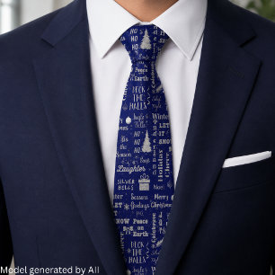 Elegant Script Christmas Font Collage Navy Silver Tie