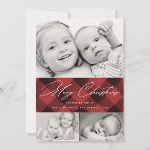 Elegant Script Christmas Plaid 3 Photo Collage Holiday Card
