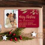 Elegant Script Christmas Red Return Address Label<br><div class="desc">Modern Elegant Script Red and Gold Family Name Christmas Return Address Labels. Featuring a pretty hand-written calligraphy font script with saying "Merry Christmas",  faux gold foil botanical leaves on red background. Great for Christmas holiday season,  easy to personalise them with your names and return address info.</div>