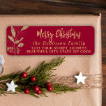 Elegant Script Christmas Red Return Address Label<br><div class="desc">Modern Elegant Script Red and Gold Family Name Christmas Return Address Labels. Featuring a pretty hand-written calligraphy font script with saying "Merry Christmas",  faux gold foil botanical leaves on red background. Great for Christmas holiday season,  easy to personalise them with your names and return address info.</div>