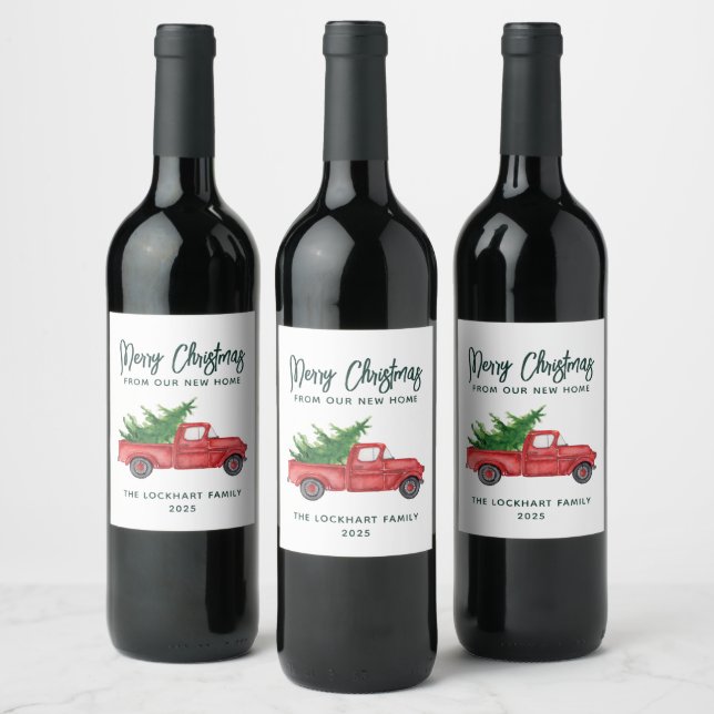Elegant Script Christmas Red Truck Holiday Wine Label (Bottles)