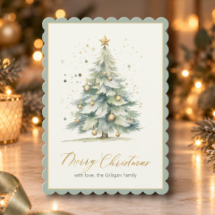 Elegant Script Christmas Tree Sage Green Scalloped Holiday Card
