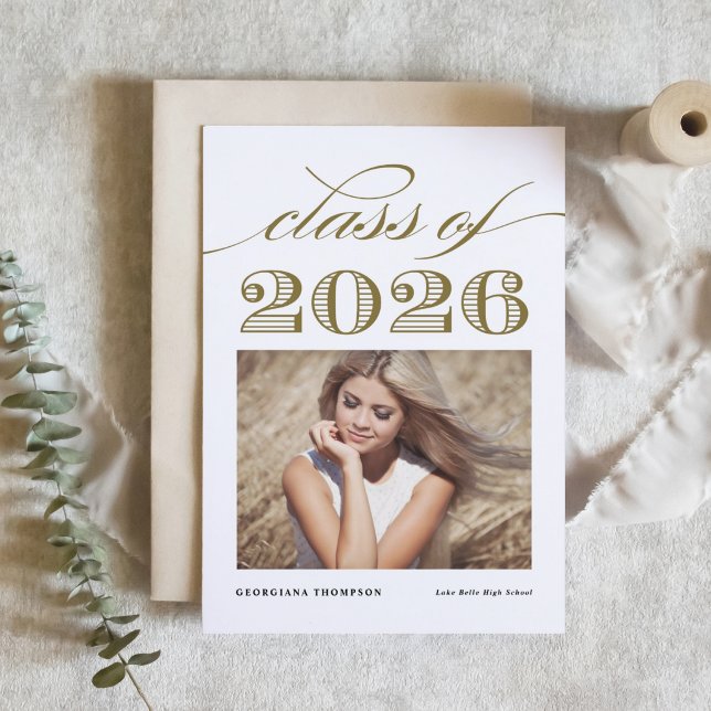 Elegant Script Class of 2016 Gold Graduation Announcement (Customizable photo graduation announcement featuring vintage typography. )