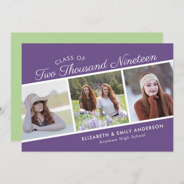 Elegant Script Class of 2019 | 3 Photos Graduation Invitation (Front/Back)