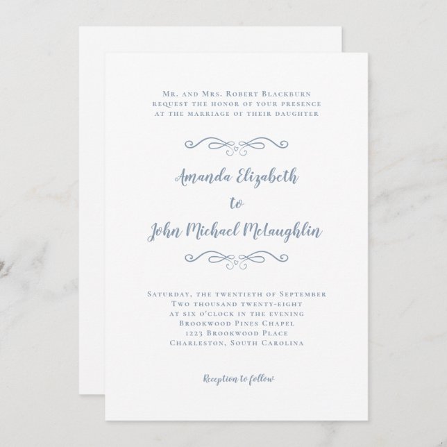 Elegant Script Classic Formal Wedding Dusty Blue Invitation (Front/Back)