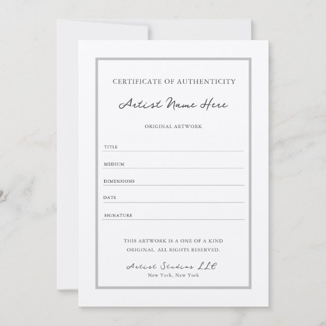 Elegant Script Classy Certificate of Authenticity Invitation (Front)