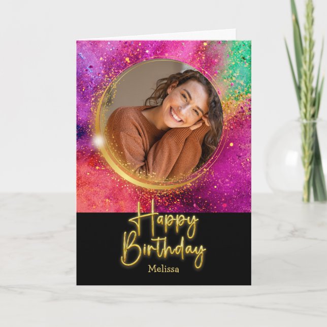 Elegant Script Colourful Glitter Photo Birthday Card (Front)