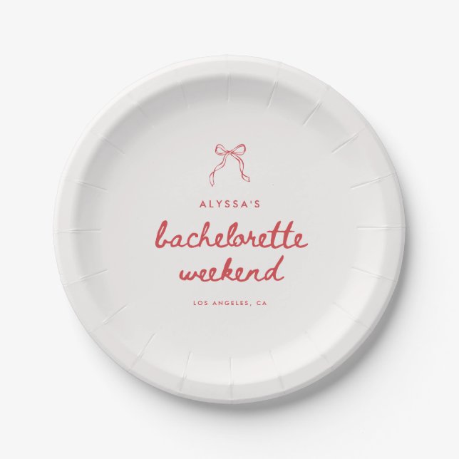 Elegant Script Coquette Bow Custom Bachelorette Paper Plate (Front)