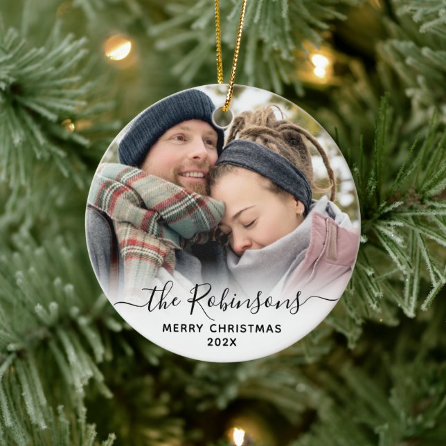 Elegant Script Couple Name Photo Merry Christmas   Ceramic Tree Decoration (Tree)