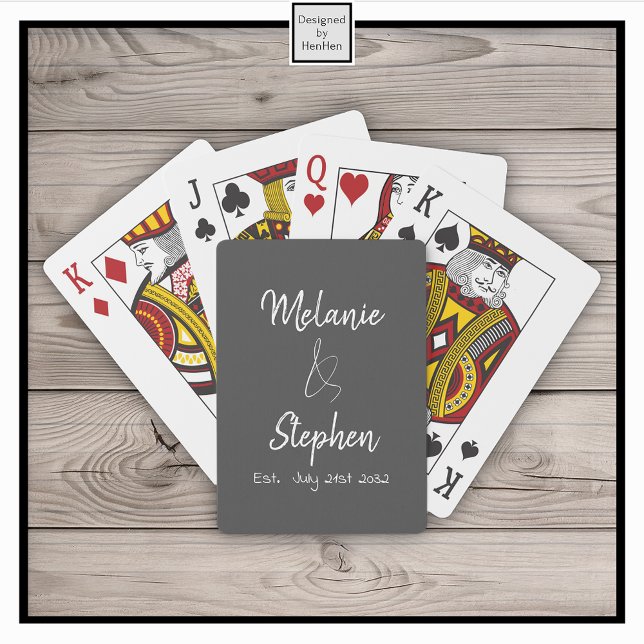 Elegant Script Couple Names Date Typography Grey Playing Cards (Creator Uploaded)