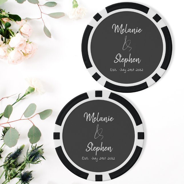 Elegant Script Couple Names Date Typography Grey Poker Chips (Elegant Script Couple Names Date Typography Gray Poker Chips)