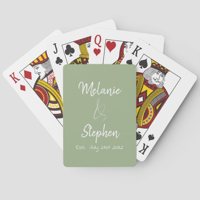 Elegant Script Couple Names Date Typography Sage Playing Cards (Back)
