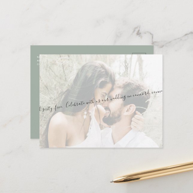 Elegant Script Couple Photo Sage Save our Date Announcement Postcard (Front/Back In Situ)