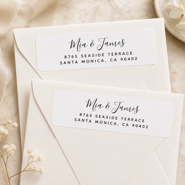 Elegant Script Couple Return Address Label (Elegant Script Couple Return Address Label displayed on cream envelopes.)