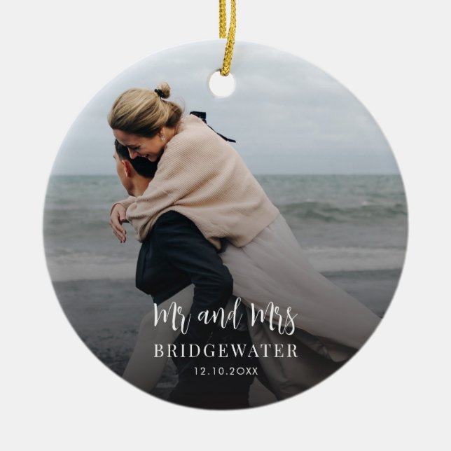 Elegant Script Couples Photo Minimalist Christmas Ceramic Tree Decoration (Front)