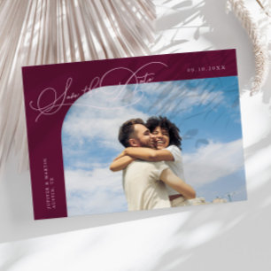 Elegant Script Cranberry Curved Frame Photo Save The Date