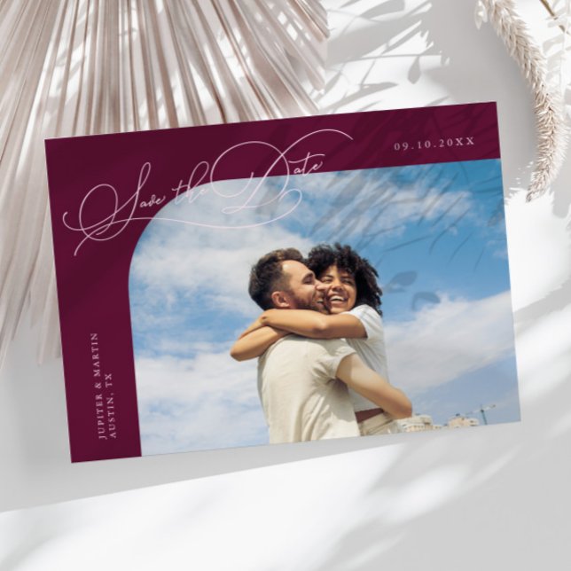 Elegant Script Cranberry Curved Frame Photo Save The Date (Creator Uploaded)