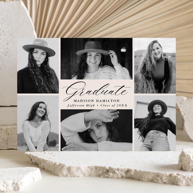 Elegant Script Cream 6 Photo Collage Graduation Announcement (Creator Uploaded)