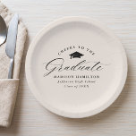 Elegant Script Cream Cheers to the Graduate Paper Plate<br><div class="desc">Elegant graduation paper plates featuring a graduation cap with the phrase "Cheers to the Graduate" in a black calligraphy script on a cream background. Personalise the modern graduation paper plates with the graduate's name, school name, and graduation year. The simple graduation plates are perfect to use for your high school...</div>