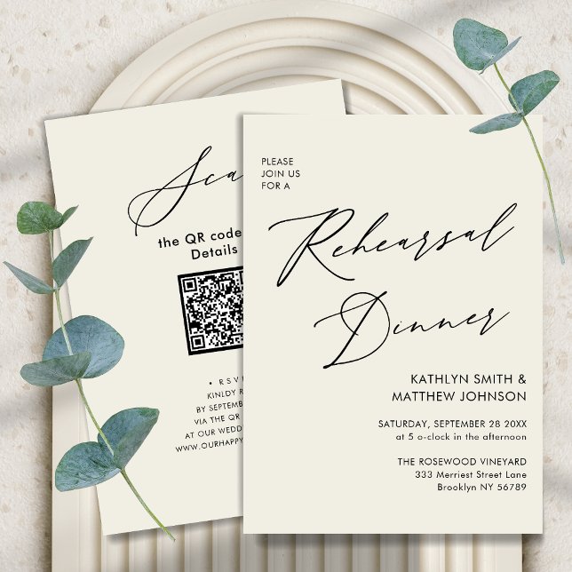 Elegant Script Cream Rehearsal Dinner QR code Invitation (Creator Uploaded)