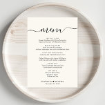 Elegant Script Cream Wedding Reception Menu<br><div class="desc">Elegant light cream wedding reception dinner menu with "menu" in a chic calligraphy script with swashes,  your customised menu in simple modern typography,  your first names joined by a heart and your reception date.</div>