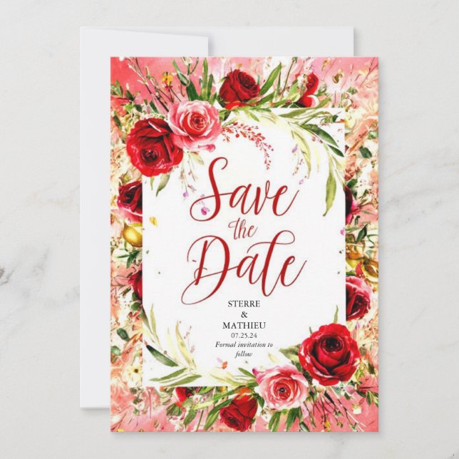 Elegant Script Crimson Red Roses Wedding Save The Date (Front)