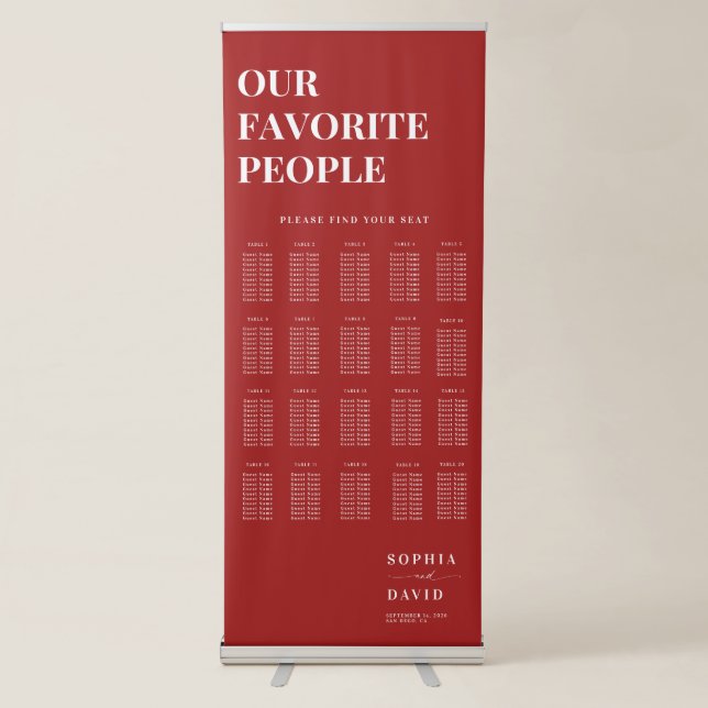 Elegant Script Crimson Red Wedding Seating Chart Retractable Banner (Front)