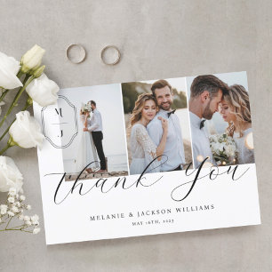 Elegant Script Custom Monogram Wedding 3 Photo Thank You Card