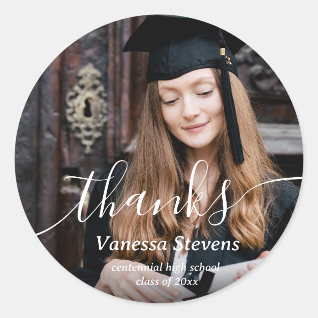 Elegant Script Custom Photo Graduation  Classic Round Sticker (Front)