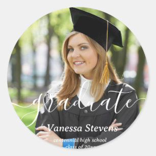 Elegant Script Custom Photo Graduation  Classic Round Sticker