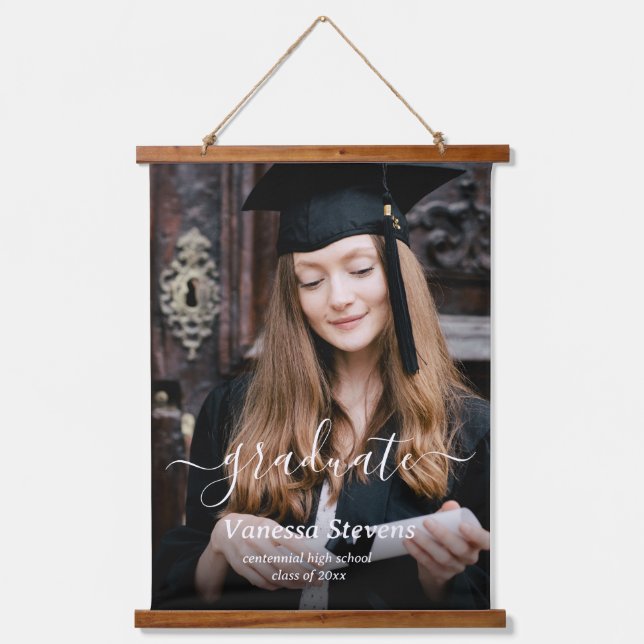 Elegant Script Custom Photo Graduation  Hanging Tapestry (Front)