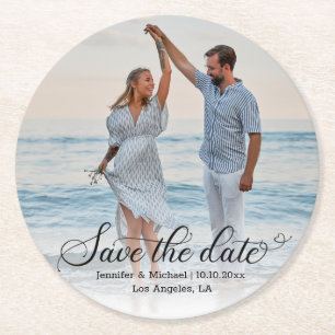Elegant Script Custom Photo Save the Date Round Paper Coaster