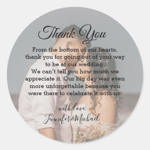 Elegant Script Custom Photo Wedding Thank You Classic Round Sticker