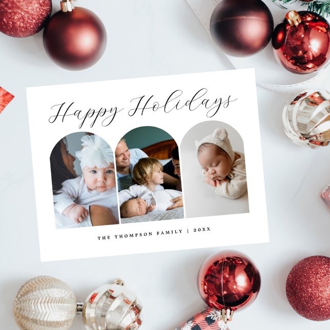 Elegant Script Customised Three Photo Christmas Holiday Postcard (Creator Uploaded)