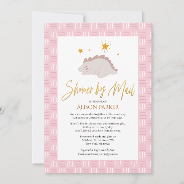 Elegant Script Cute Pink Dinosaur Shower by Mail Invitation (Front)