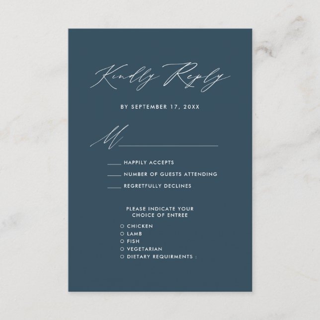 Elegant Script Dark Blue Minimalist Wedding RSVP Enclosure Card (Front)