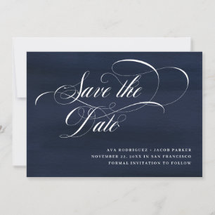 Elegant Script Dark Blue Save The Date