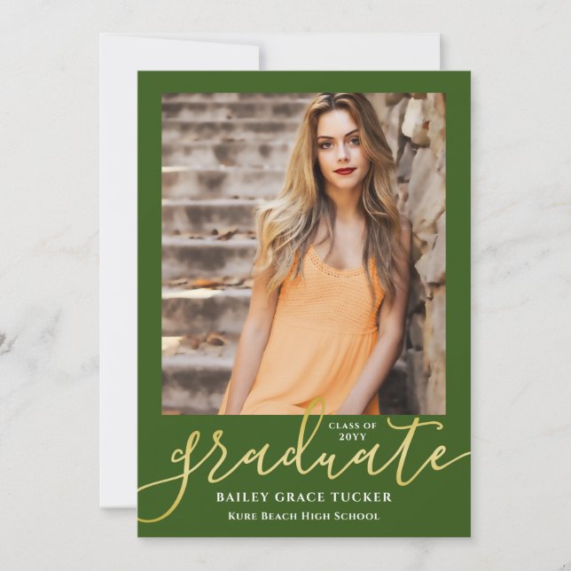 Elegant Script Dark Green Gold 2-Photo Graduation Announcement (Front)