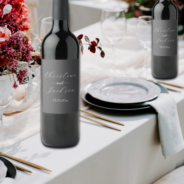 Elegant Script Dark Grey Wedding Wine Label (Creator Uploaded)