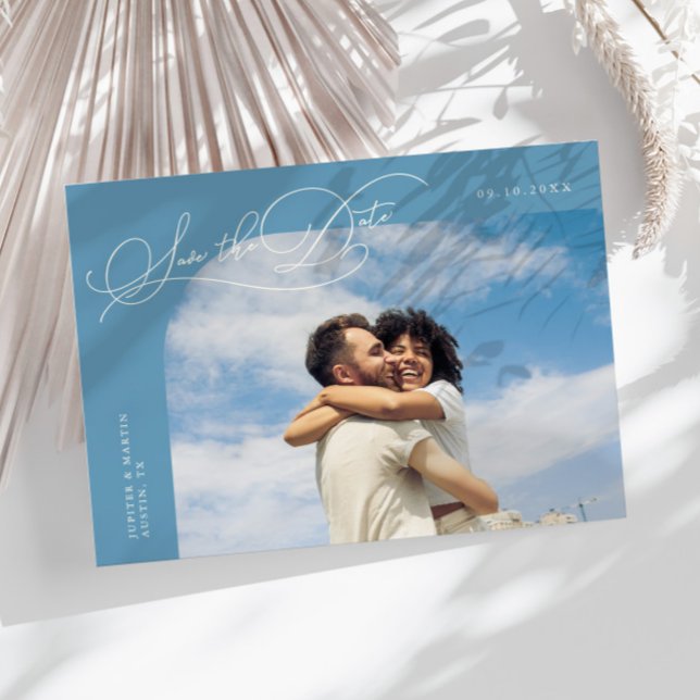 Elegant Script Denim Blue Curved Frame Photo Save The Date (Creator Uploaded)