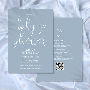 Elegant Script Dusty Blue All In One Baby Shower Invitation
