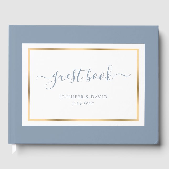 Elegant Script Dusty Blue and Gold Wedding Guest Book (Front)