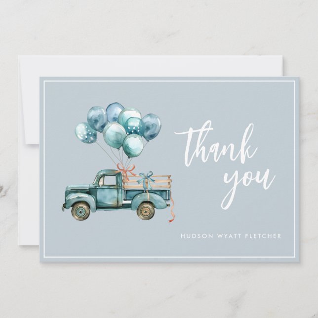 Elegant Script Dusty Blue Baby Boy Thank You Card (Front)