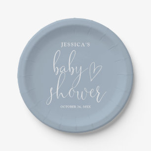 Elegant Script Dusty Blue Baby Shower Paper Plate