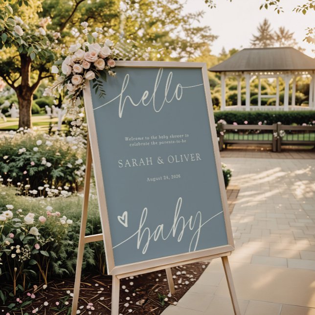 Elegant Script Dusty Blue Baby Shower Welcome Sign (Creator Uploaded)