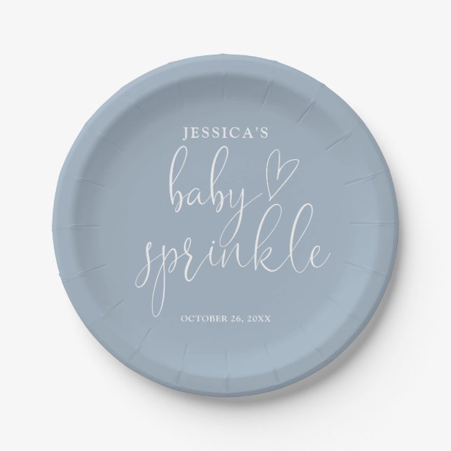 Elegant Script Dusty Blue Baby Sprinkle Shower Paper Plate (Front)