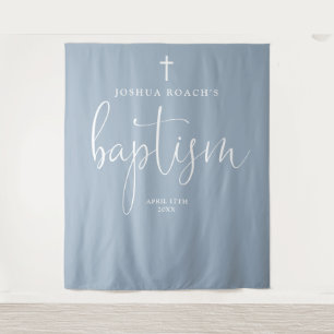 Elegant Script Dusty Blue Baptism Photo Backdrop Tapestry