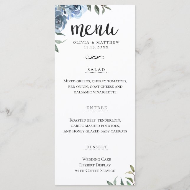 Elegant Script Dusty Blue Botanical Wedding Menu (Front)