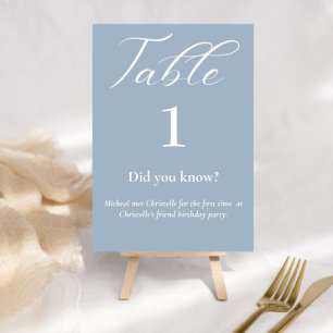 Elegant script dusty blue facts wedding table number
