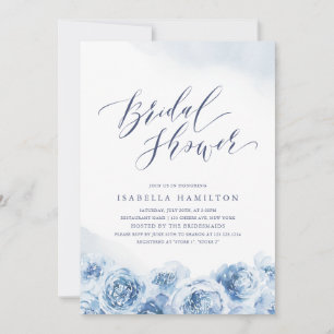 Elegant script dusty blue floral bridal shower invitation